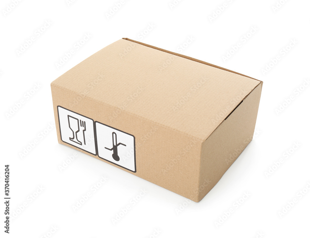 Cardboard box with different packaging symbols isolated on white. Parcel delivery Cardboard box with different packaging symbols isolated on white. Parcel delivery