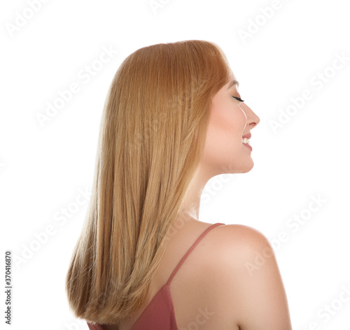 Beautiful young woman with blonde hair on white background