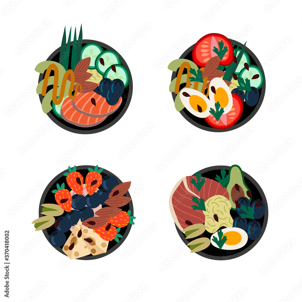 Set of poke bowls. Healthy food from natural products. Vector cartoon flat illustration. Set of poke bowls. Healthy food from natural products. Vector cartoon flat illustration.