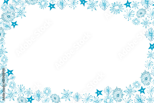 Fototapeta Naklejka Na Ścianę i Meble -  Watercolor hand painted nature winter season squared border frame with light blue ice snowflakes decoration composition on the white background for invite and greeting card with the space for text