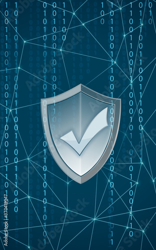 Cyber security concept. Shield with check mark illustration against binary code on blue background