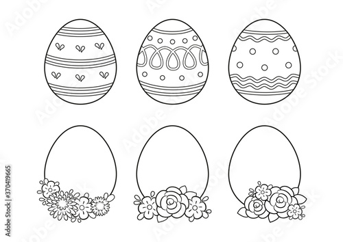 Happy easter eggs set coloring page. Black and white cartoon illustration