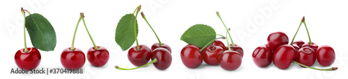 Set of ripe cherries on white background. Banner design