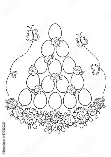 Easter Eggs Decor Coloring Page. Black and white cartoon illustration