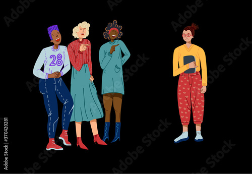 Bullying among students, young people laughing at their classmate. Vector cartoon flat illustration.