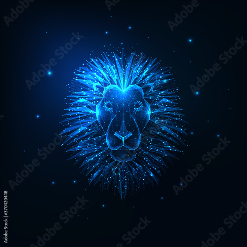 Futuristic glowing low polygonal lion head isolated on dark blue background