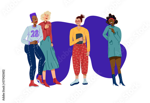 Bullying among students, young people laughing at their classmate. Vector cartoon flat illustration.