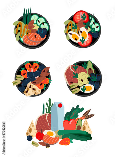 Set of poke bowls. Healthy food from natural products. Vector cartoon flat illustration.