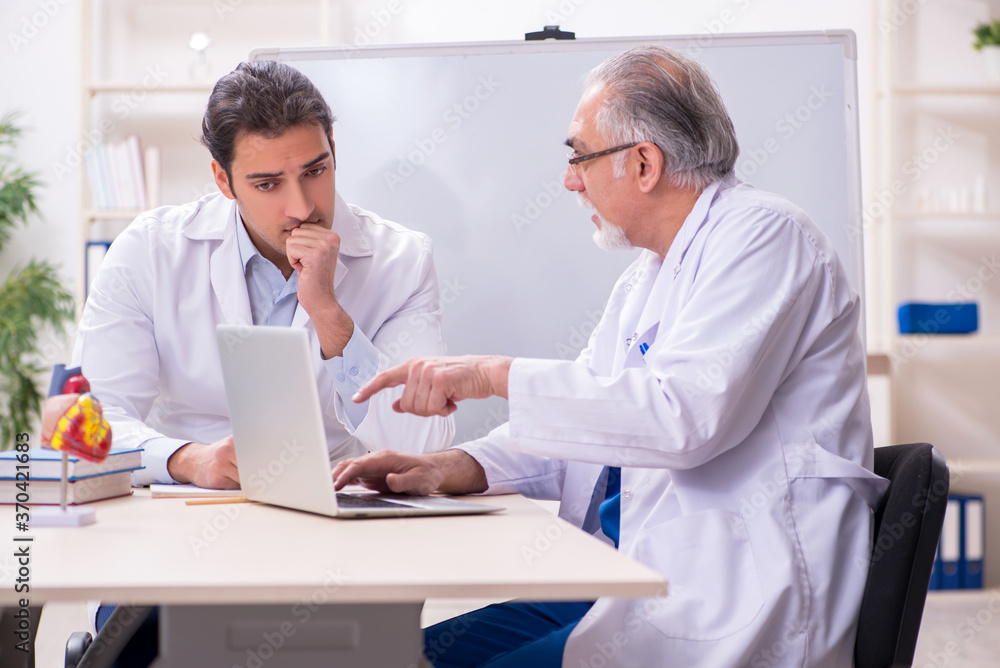 Experienced doctor cardiologist teaching young male assistant
