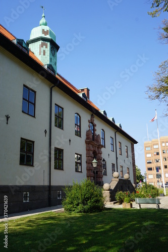 White building, red roofs