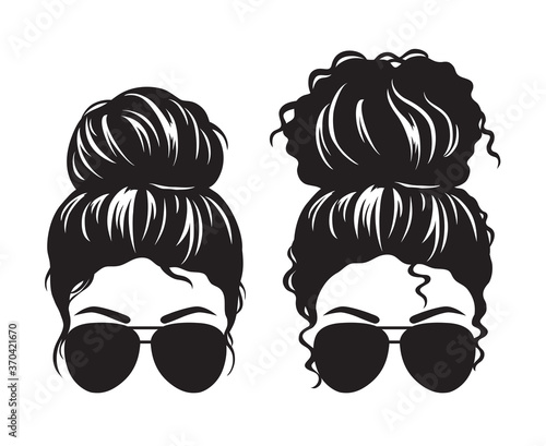 Vector illustration of straight and curly hair woman with messy buns and sunglasses silhouette.