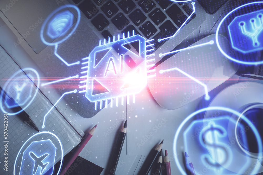 Double exposure of data drawing hologram over topview of study desk background with computer. Concept of Ai. Double exposure of data drawing hologram over topview of study desk background with computer. Concept of Ai.