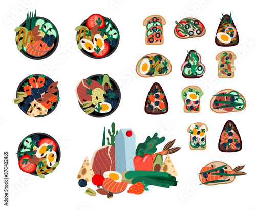 Set of sandwiches and poke bowls. Healthy food from natural products. Vector cartoon flat illustration.