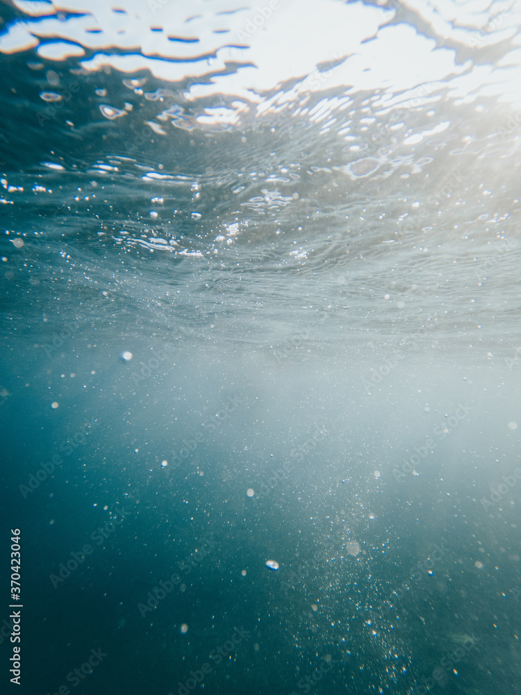 Vertical photo under the crystal clear sea with rays of light entering from above