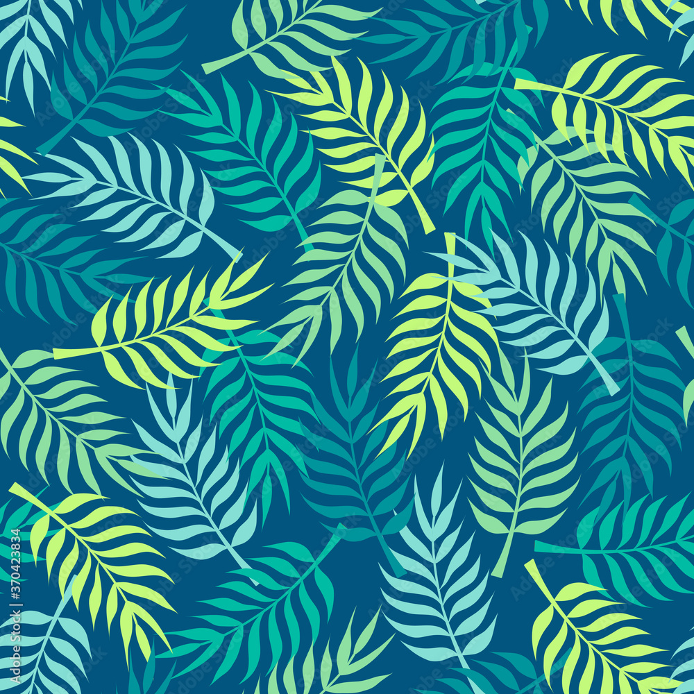 Tropical pattern with green palm tree leaves on navy blue background. Great for wallpaper, backgrounds, invitations, packaging, design projects, textile scrapbooking