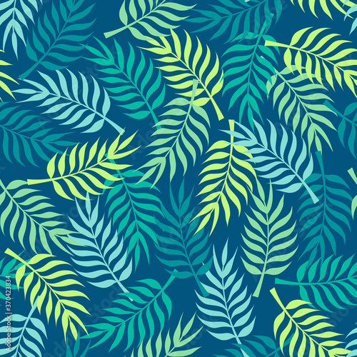 Tropical pattern with green palm tree leaves on navy blue background. Great for wallpaper, backgrounds, invitations, packaging, design projects, textile scrapbooking