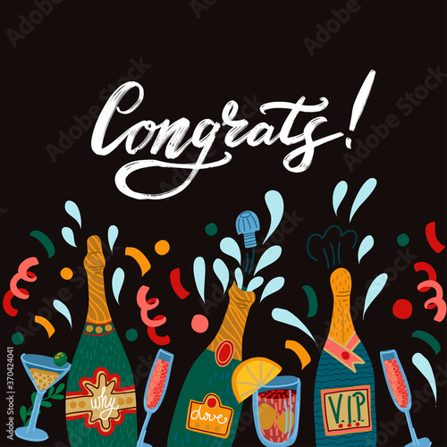 Banner with the slogan Congrats! and bottles of champagne. Vector.
