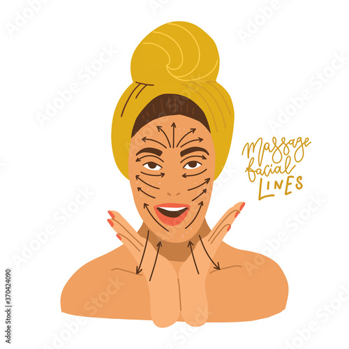 Face massage lines. Beautiful woman's face isolated on white background. Model for facial beauty treatment. Skin care concept. Vector flat illustration with lettering. Girl with towel on her head.