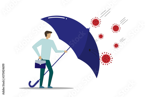 COVID-19 Coronavirus outbreak financial crisis help policy, company and business to survive concept, businessman leader stand safe by cover himself with big umbrella from COVID-19 concept. EPS 10