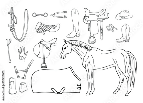 Vector set bundle of hand drawn doodle sketch horse riding equestrian equipment isolated on white background