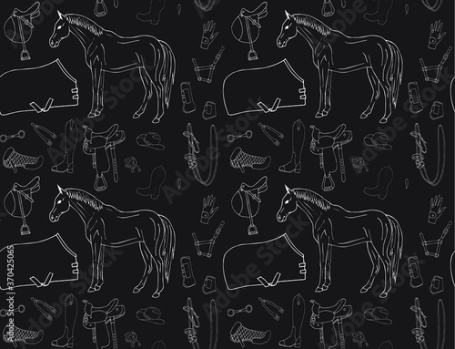 Vector seamless pattern of white hand drawn doodle sketch horse riding equestrian equipment isolated on black background