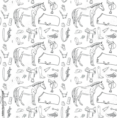 Vector seamless pattern of hand drawn doodle sketch horse riding equestrian equipment isolated on white background