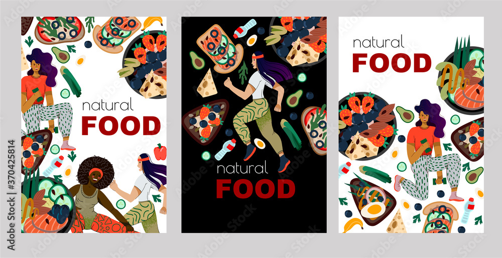 Fototapeta premium Banners or cards with healthy food and sport woman. Lifestyle for health. Vector cartoon flat illustration.