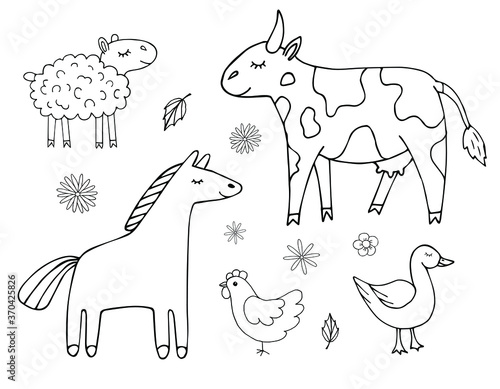 Vector set bundle of hand drawn doodle sketch farm domestic animals isolated on white background