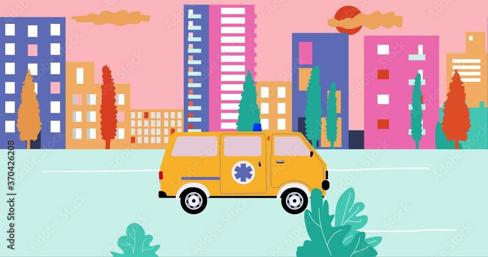 Ambulance past by empty streets in city during summer sunset. Outbreak Coronavirus in city. Cartoon animation, flat design, loop 4k Ambulance past by empty streets in city during summer sunset. Outbreak Coronavirus in city. Cartoon animation, flat design, loop 4k