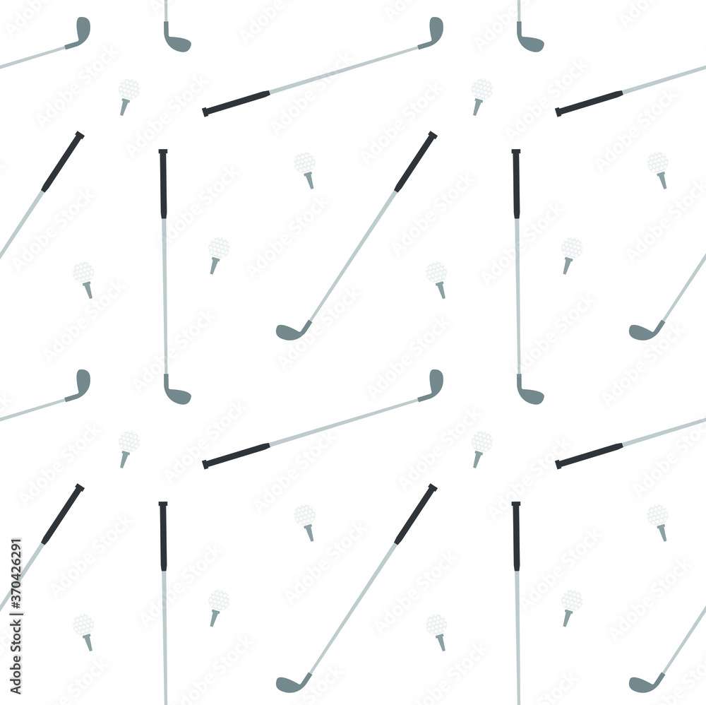 Vector seamless pattern of flat cartoon golf ball and stick isolated on white background