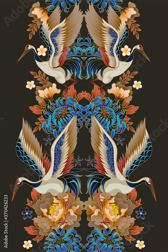 Border with mandarin ducks, flowers and cranes. Vector.