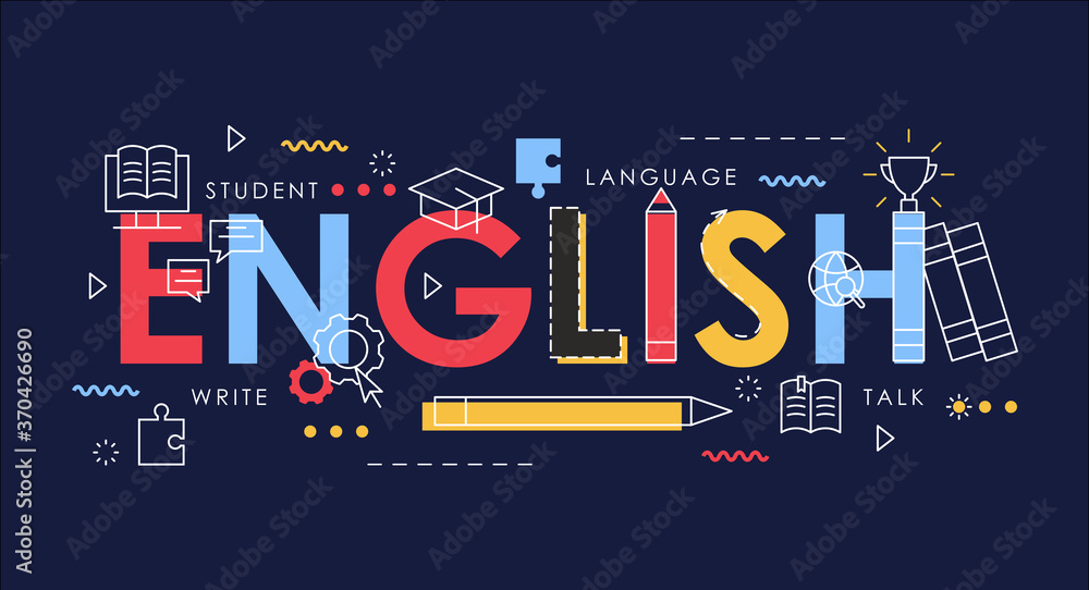 Learn English thin line vector illustration for website interface design, books for student learning language, school infographic education concept, abstract flat English word with educational items - obrazy, fototapety, plakaty 