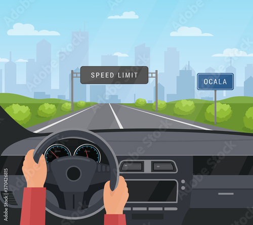 Driving car safety concept vector illustration. Cartoon flat human driver hands drive automobile on asphalt road with speed limit, safe sign on highway. Dashboard inside car interior view background