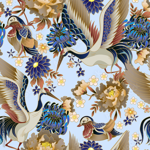 Seamless pattern with mandarin ducks, flowers and cranes. Vector.