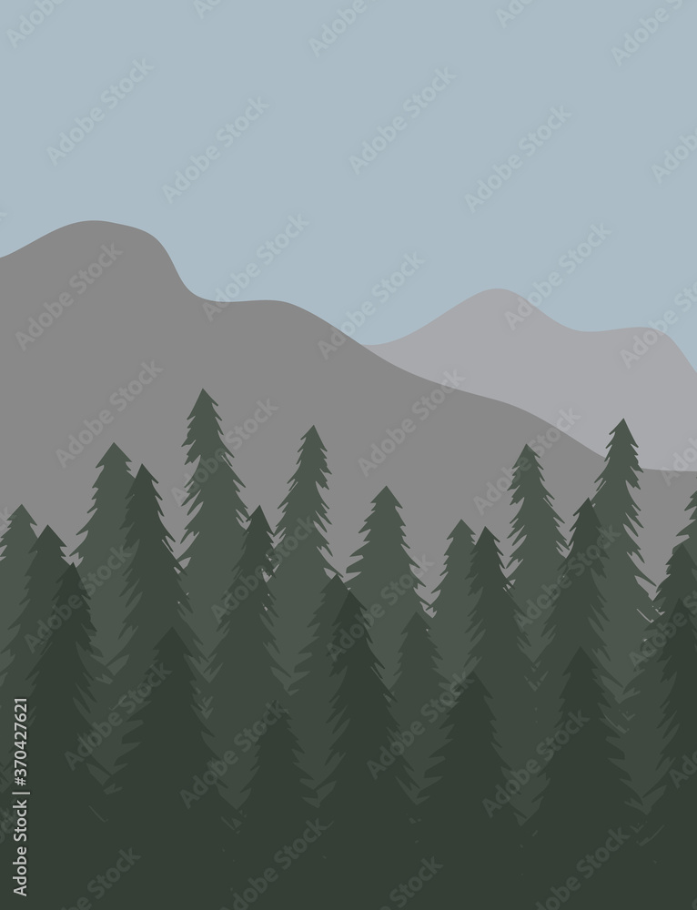 Fototapeta premium Vector flat cartoon landscape with spruce tree forest and mountains