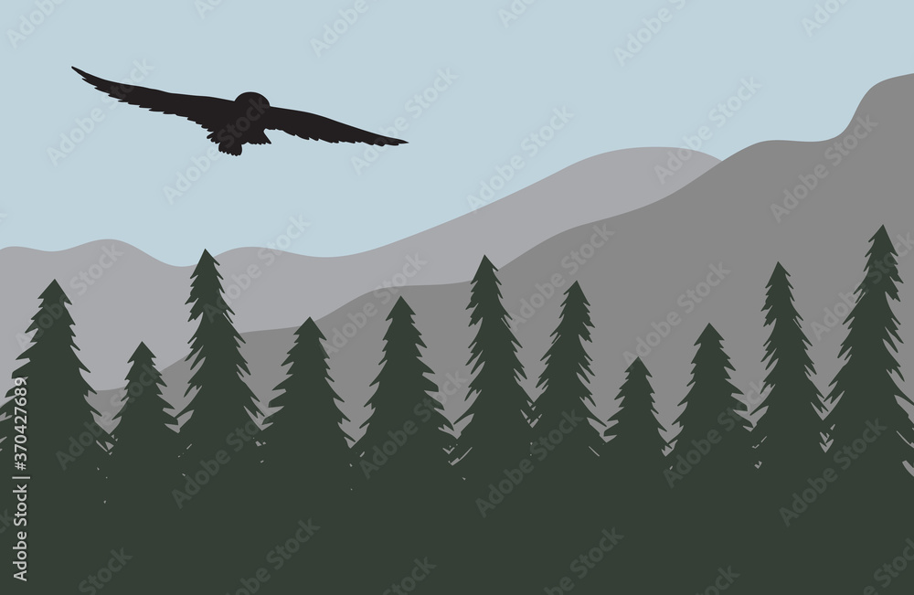 Naklejka Vector owl silhouette isolated on flat cartoon landscape with spruce tree forest and mountains