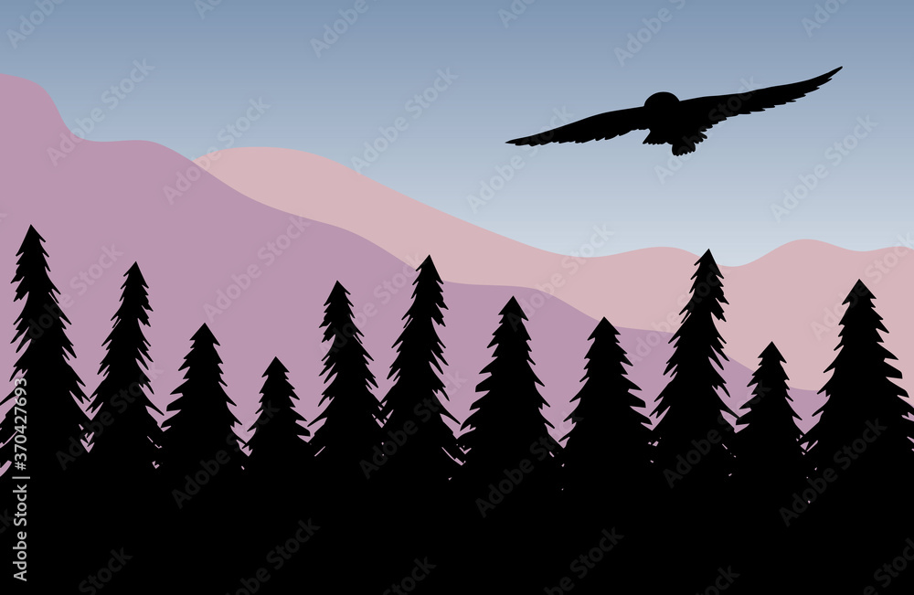 Naklejka Vector owl silhouette isolated on colored flat cartoon landscape with spruce tree forest and mountains