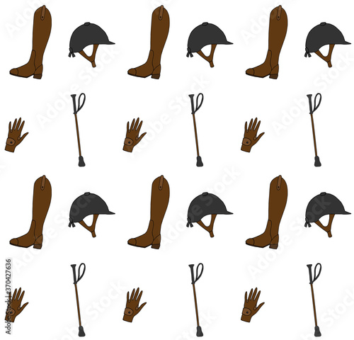 Vector seamless pattern of different hand drawn doodle sketch equestrian horse riding equipment isolated on white background