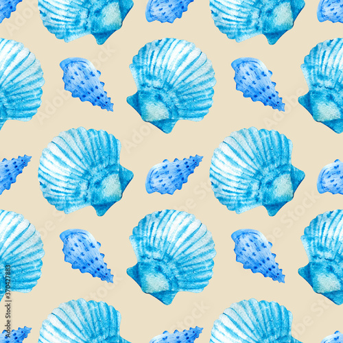 Watercolor seamless patterns with blue seashells on a beige background. Perfect for postcards, patterns, banners, posters, nautical wallpapers, gift wrapping or clothing prints
