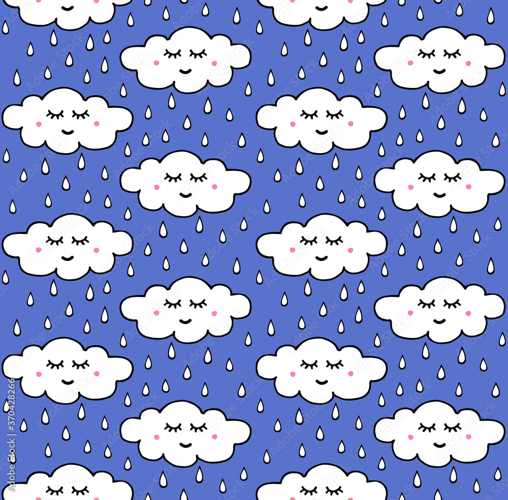 Vector seamless pattern of white hand drawn doodle sketch raining clouds with kawaii face isolated on blue background Vector seamless pattern of white hand drawn doodle sketch raining clouds with kawaii face isolated on blue background