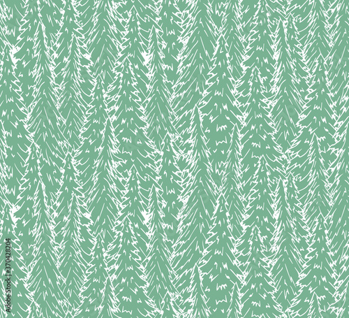 Vector seamless pattern of hand drawn doodle sketch spruce tree forest isolated on green background