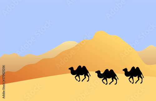 Vector camel silhouette isolated on flat cartoon desert sand landscape