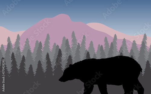 Vector black grizzly bear silhouette in flat colored landscape with spruce tree forest and mountains