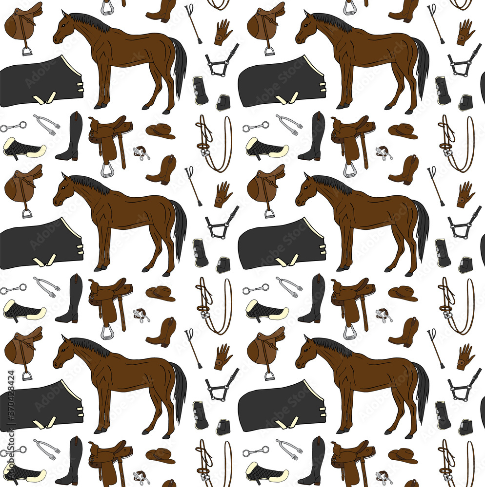 Vector seamless pattern of colored hand drawn doodle sketch horse riding equestrian equipment isolated on white background