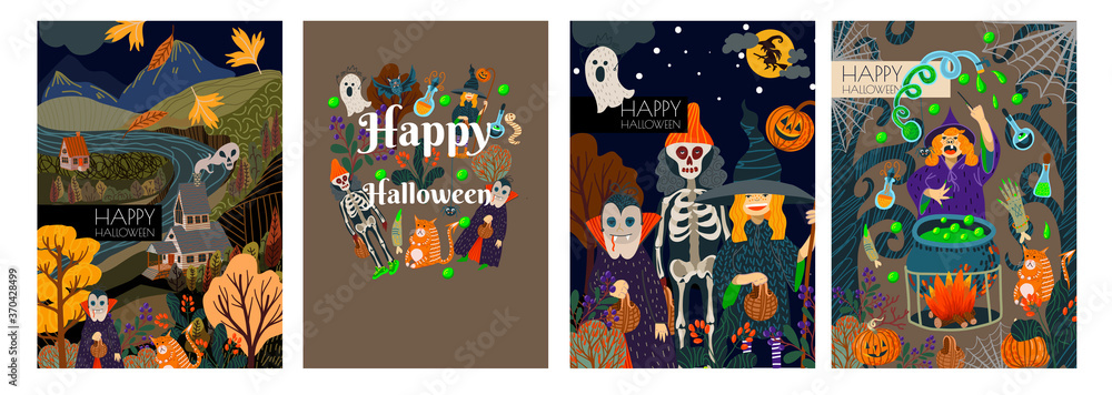 Set of Halloween banner or card with scary elements. Vector cartoon flat illustration. Set of Halloween banner or card with scary elements. Vector cartoon flat illustration.