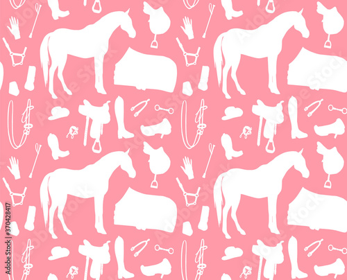 Vector seamless pattern of white hand drawn horse riding equestrian equipment silhouette isolated on pink background
