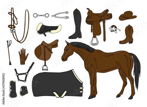 Vector set bundle of different colored hand drawn doodle sketch horse riding equestrian equipment isolated on white background