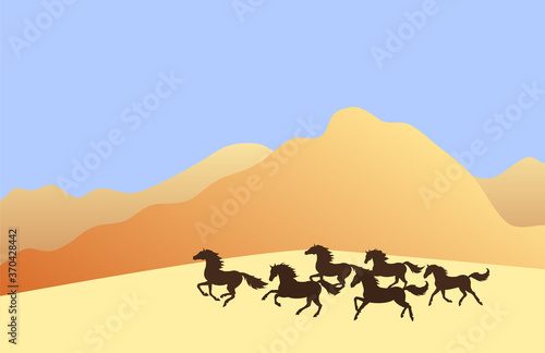 Vector running horses herd silhouette in colored flat landscape with sand and mountains