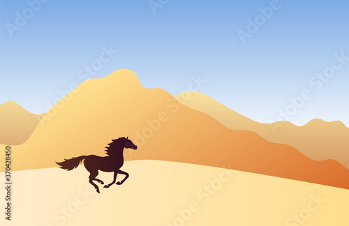 Vector running horse silhouette in colored flat landscape with sand and mountains