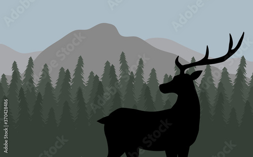 Vector deer silhouette in flat landscape with spruce tree forest and mountains